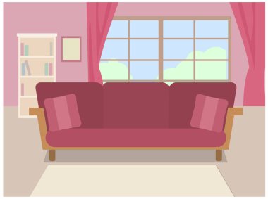 Şirin oda iç pembe kanepe ve büyük pencere ile.