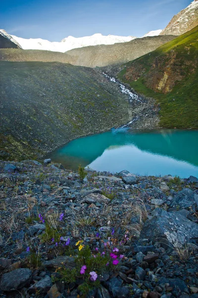 Schöne Aussicht auf schneebedeckte Berge und klaren See — Stockfoto