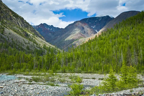Splendida valle con vista sulle montagne innevate, foresta e fiume — Foto Stock