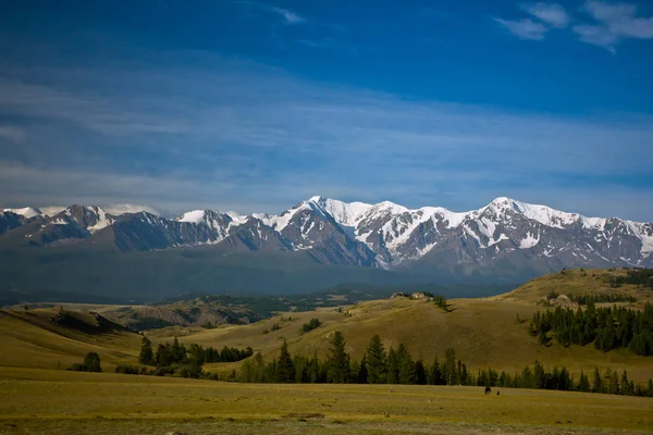 Güzel Vadi Manzaralı mavi gökyüzü ile bozkır, orman ve kar dağlara