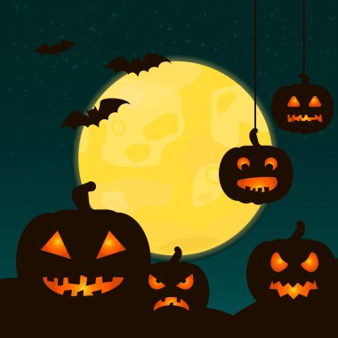 Korkunç kabaklar ve dolunay Cadılar Bayramı arka plan. 