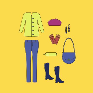 Bak. Giysi ve aksesuarları doğrusal simgeler kümesi