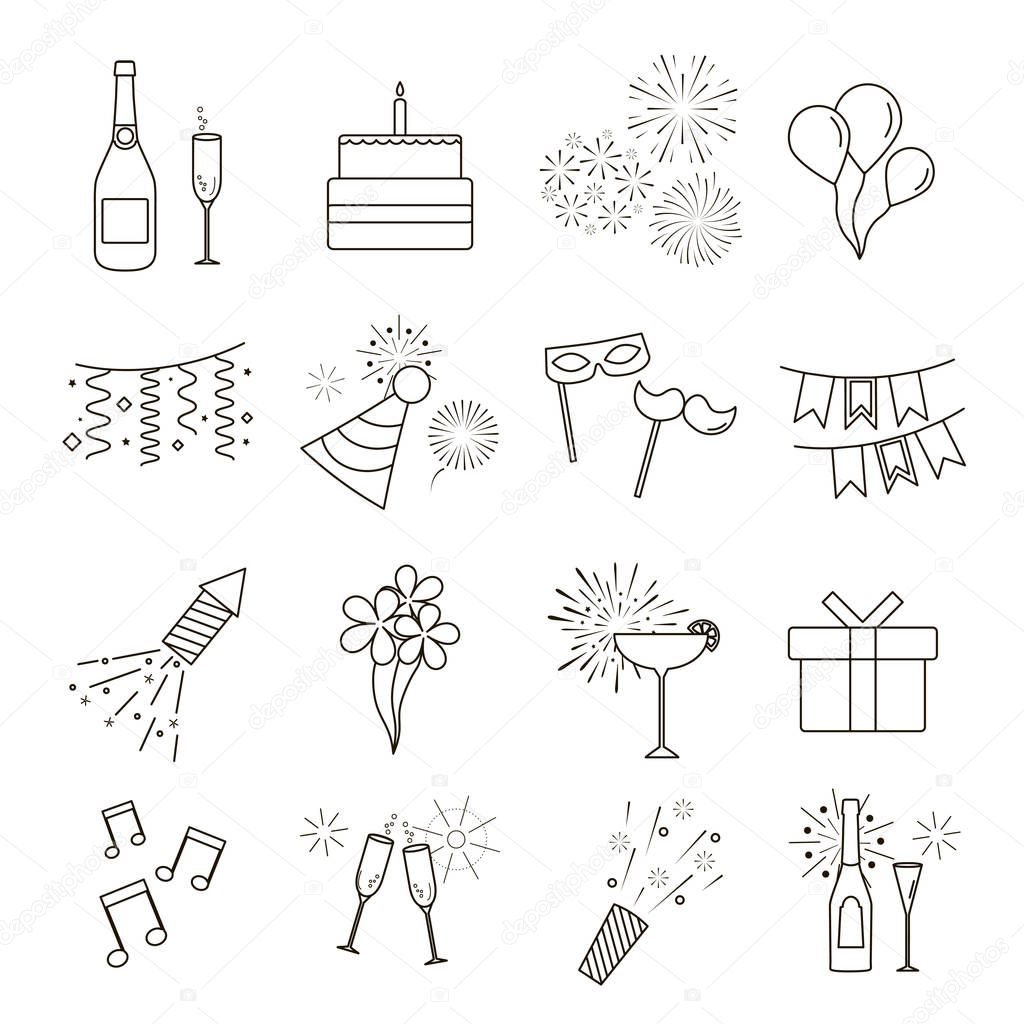 Line Web Icons of Party, Celebration, Birthday and Holidays