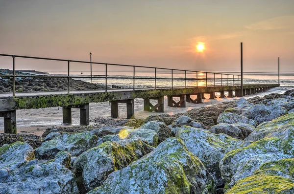 Old Seaweed Covered Wooden Pier Rocks Leading Beach Irish Sea — Stock Photo, Image