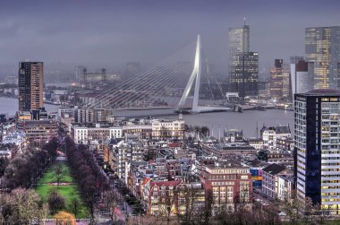 Rotterdam, Hollanda, 2 Şubat 2018: Yağmurlu hava yaklaşımlar gibi tarihi Scheepvaartkwartier, Erasmus Köprüsü ve Wilhelminapier üzerinde bitti akşam düşüyor.