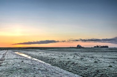 Güneş neredeyse lezbiyen geç kış soğuk bir sabah üzerinde Adası, Hoekse Waard Tarih, Hollanda yükselir