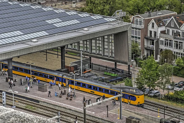 Rotterdam Holanda Junho 2017 Trem Ferroviário Holandês Amarelo Azul Liga — Fotografia de Stock