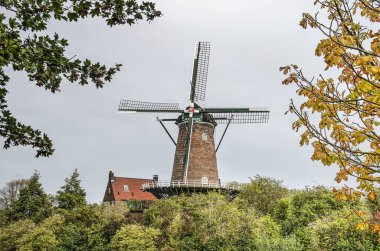 Goes, Hollanda, 9 Ekim 2019: Sonbahar renklerinde ağaçlarla çevrili yel değirmeni De Koornbloem (Cornflower)