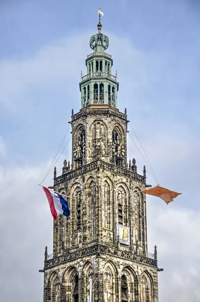 Groningen December 2019 Toren Van Martinikerk Met Nederlandse Rode Witte — Stockfoto