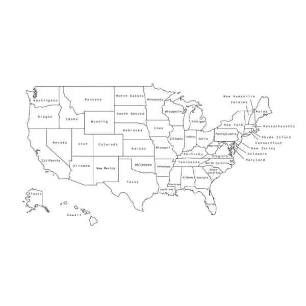 Vektor illustration av svart kontur USA karta med stater. — Stock vektor