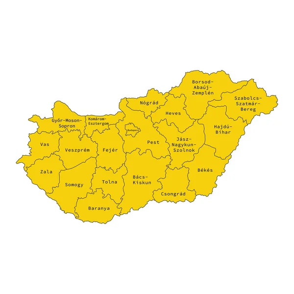 Illustrazione vettoriale della mappa della divisione amministrativa dell'Ungheria. Mappa vettoriale . — Vettoriale Stock