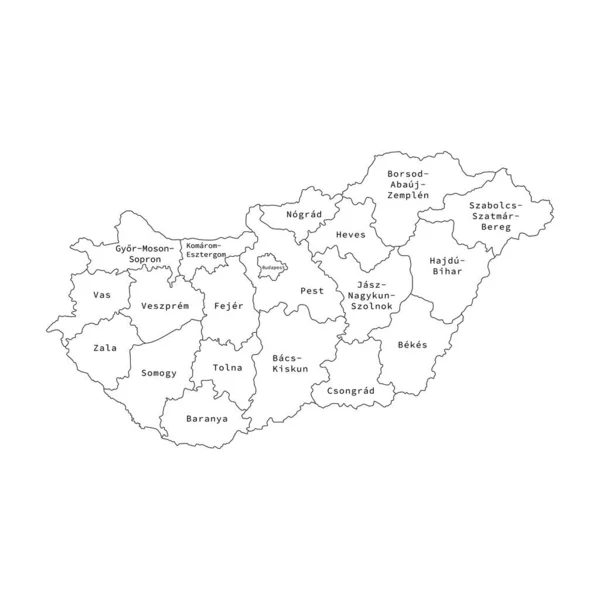 Ilustração vetorial do mapa da divisão administrativa da Hungria. Mapa vetorial . — Vetor de Stock