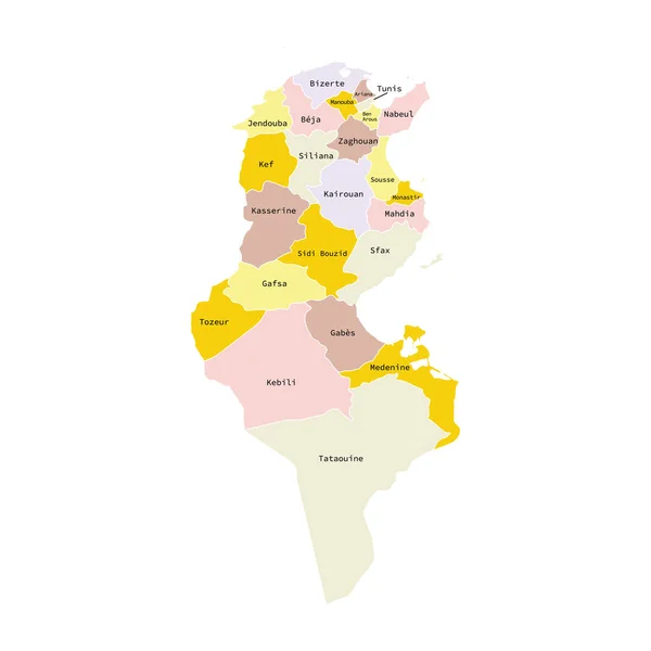 Ilustración vectorial del mapa de división administrativa de Túnez. Mapa vectorial . — Vector de stock