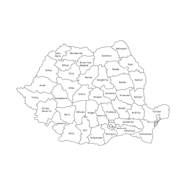 Illustrazione vettoriale della mappa delle divisioni amministrative della Romania. Mappa vettoriale . — Vettoriale Stock