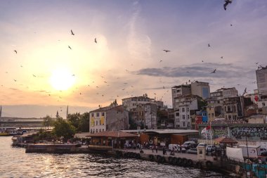 Türkiye İstanbul, Temmuz 2019. Karaköy rıhtımındaki Galata Köprüsü 'nden gün batımı manzarası ve uçan martılar.
