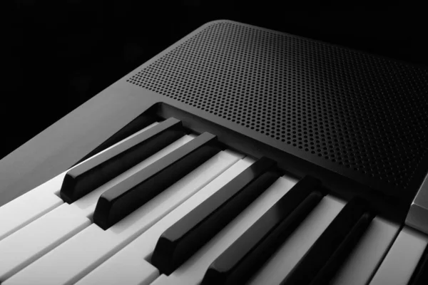 Closeup Άποψη Των Ηλεκτρονικών Πλήκτρα Πιάνο Synthesizer Οριζόντια Ασπρόμαυρη Φωτογραφία — Φωτογραφία Αρχείου