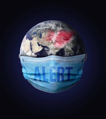 world globe with a flu mask depicting  coronavirus alert in Chi
