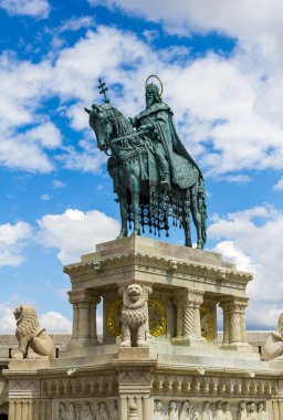 Budapest, Hungary, July 2018. Monument of Saint Istvan on the Old Fisherman Bastion. 