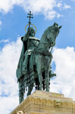 Budapest, Hungary, July 2018. Closeup photo of the Saint Istvan monument on the Old Fisherman Bastion. 