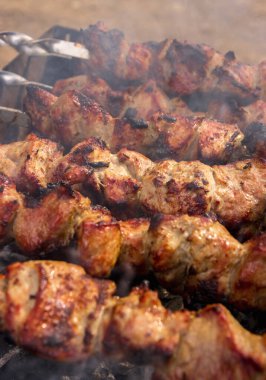 Güzel, lezzetli, yakın plan ızgara et şiş kebabı, altın kabuklu. Dikey fotoğraf