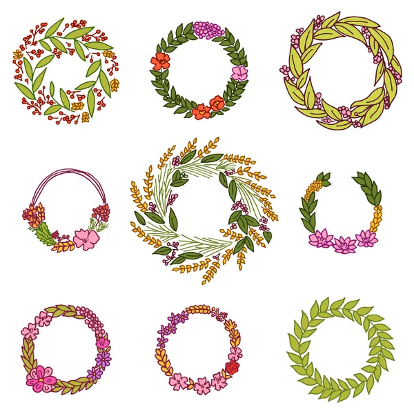 Wreath with flowers. Vector set. Cute Floral collection, hand drawn watercolor. Wedding or greeting cards. Romantic design. Engraved vintage style. — Stock Vector