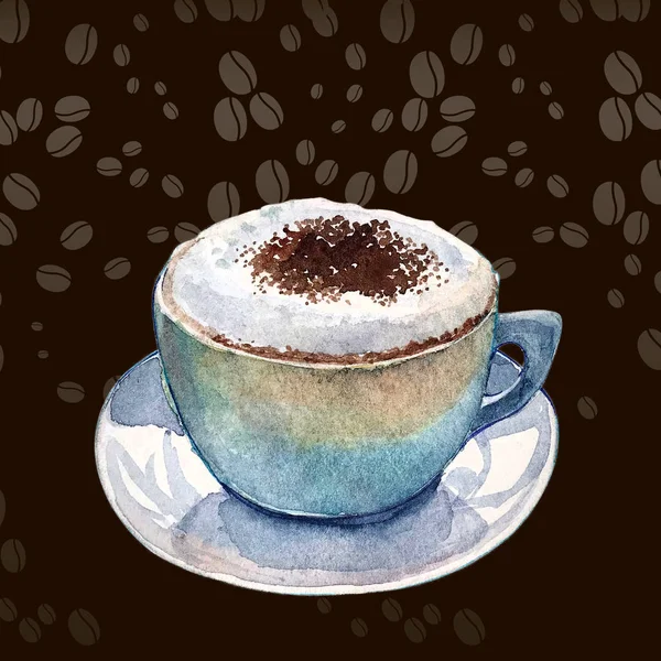 Watercolor cup of cappuccino, isolated on brown background