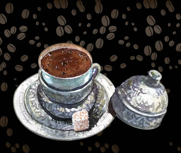 Cup of Turkish coffee on black background with coffee beans