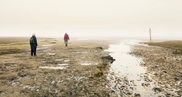 Sis kumsalda deniz üzerinde yürüyen insanlar 