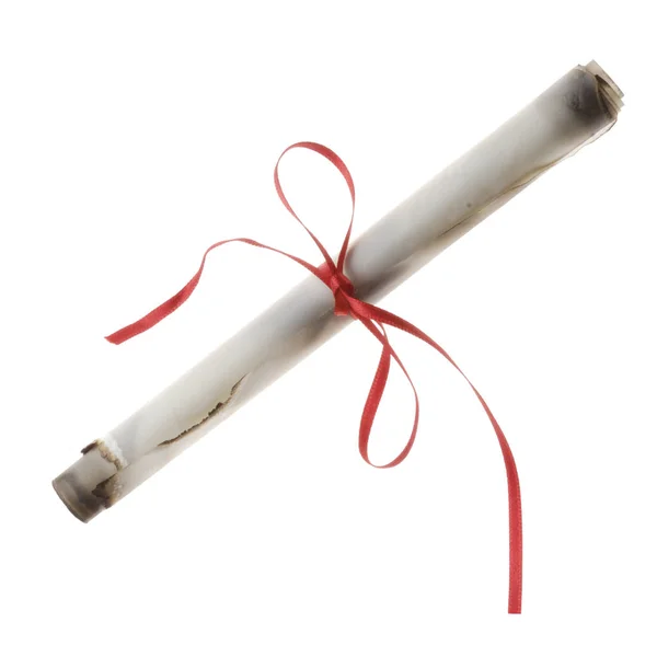 Papier Scroll Met Rood Lint Geïsoleerd Witte Achtergrond Close — Stockfoto