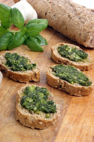 Baguette Snack Homemade Fresh Pesto — Stock Photo, Image