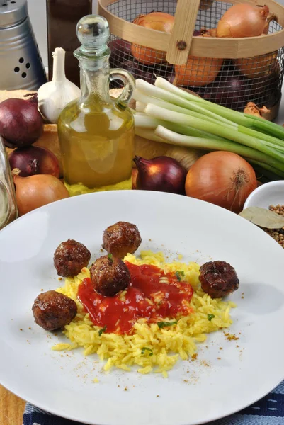 Meatballs Organic Curry Rice Plate — Stock Photo, Image