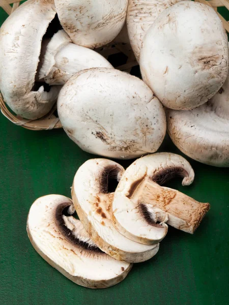 Whole Sliced Champignon Mushrooms Wicker Bowl — Stock Photo, Image