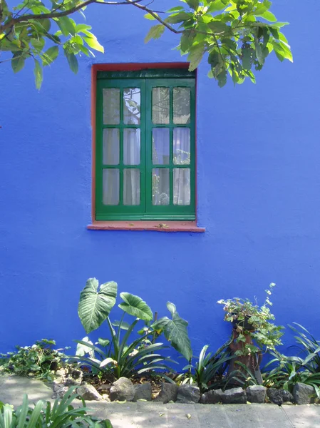Yeşil Mavi Duvar Pencerede — Stok fotoğraf