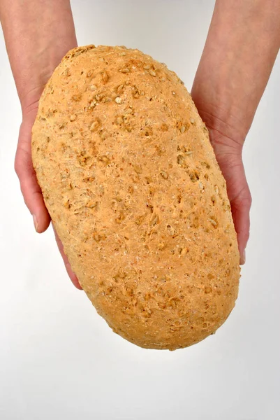 Close Hands Holding One Organic Bread — Stock Photo, Image