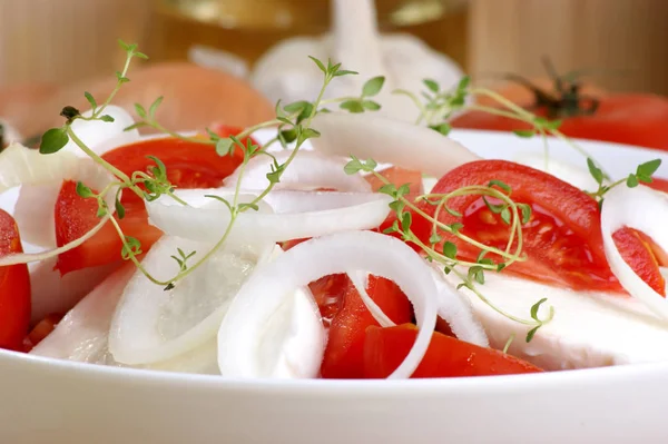 Salad Mozzarella Tomatoes White Bowl Close — Stock Photo, Image