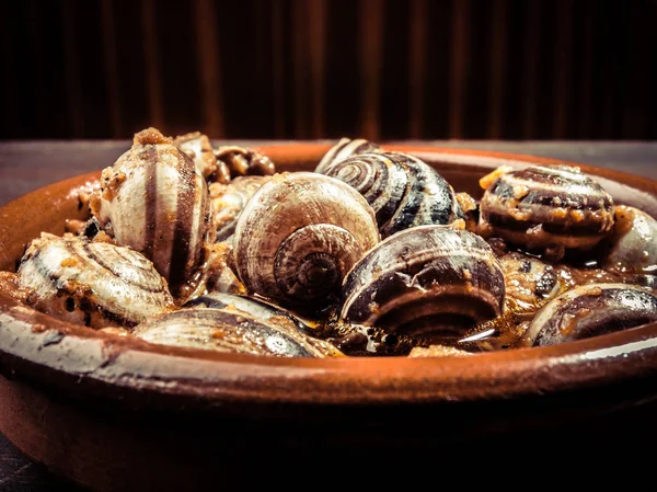 Cooked Snails Escargots Served Rustic Typical Spanish Tapa — Stock Photo, Image