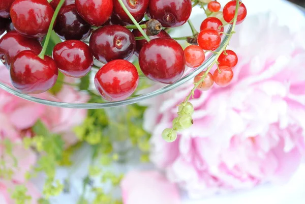 Pile Fresh Ripe Cherries Glass Plate Close — Stock Photo, Image