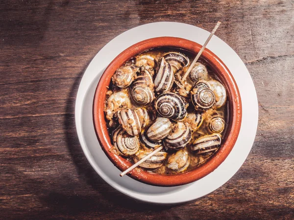 Cooked Snails Escargots Served Rustic Typical Spanish Tapa — Stock Photo, Image