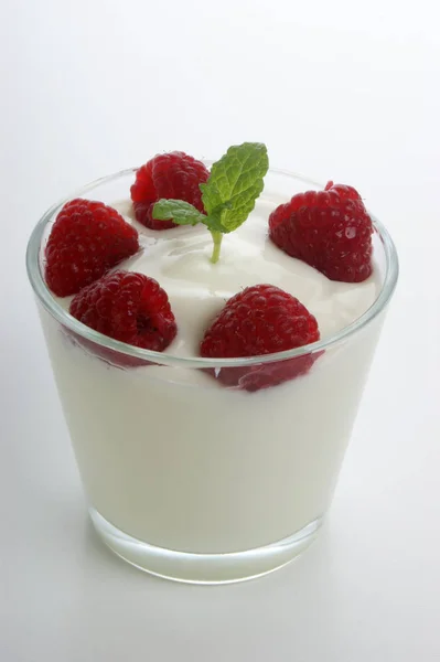 Einige Bio Himbeeren Naturjoghurt Und Minze — Stockfoto