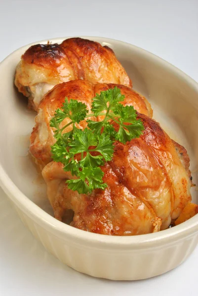 Roasted Delicious Chicken Olive White Bowl — Stock Photo, Image