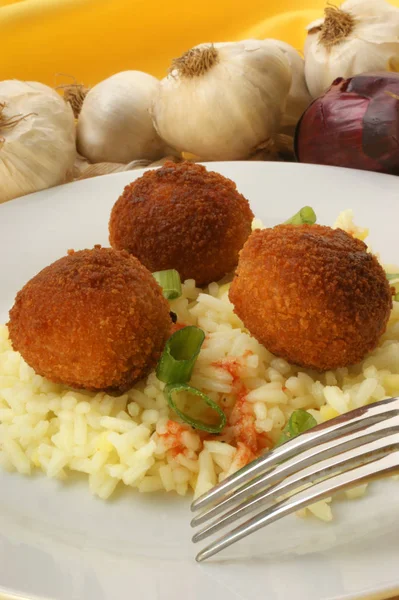 Plate Fried Chicken Balls Brown Rice — Stock Photo, Image