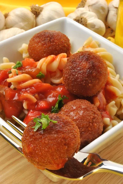 Pasta Tomato Sauce Meatballs White Bowl — Stock Photo, Image