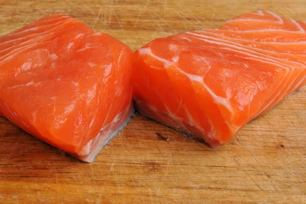 Raw Organic Wild Salmon Steak Wooden Table Close — Stock Photo, Image