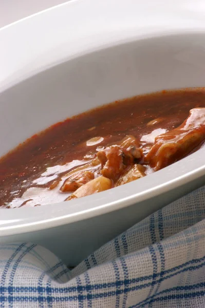 Sopa Verduras Con Patatas Carne Tazón Blanco —  Fotos de Stock