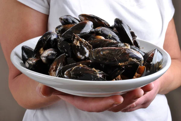 Close Photo Female Hands Holding Fresh Tasty Mussels Bowl — Stock Photo, Image