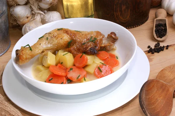 Vegetable Soup Potatoes Meat White Bowl — Stock Photo, Image