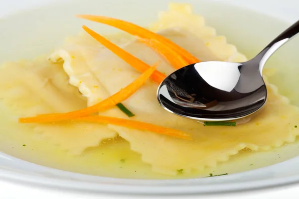 Pasta Soep Met Lepel Witte Kom — Stockfoto