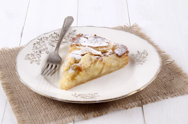 Pastel Manzana Con Azúcar Polvo Tenedor Plato — Foto de Stock