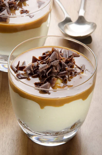 Bananenkaffee Dessert Mit Schokoladenlocken Glas — Stockfoto