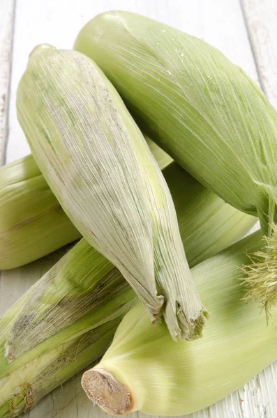 Freshly Harvested Corn Cobs White Kitchen Table — Stock Photo, Image